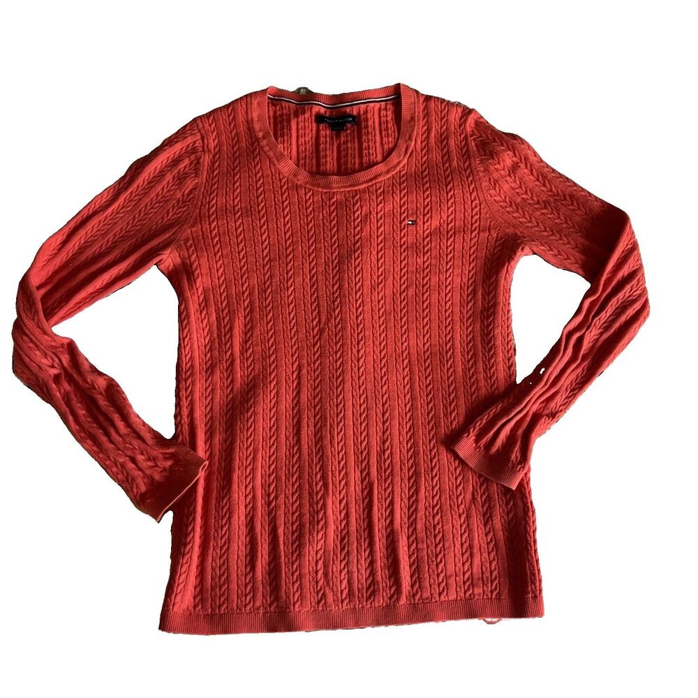 Tommy Hilfiger Wmns Long-Sleeve Cable Knit Sweater Crewneck Pumpkin Orange S